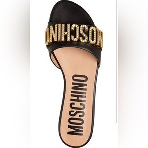 MOSCHINO Black & Gold Block Letting Logo Sandals Slides Rhinestones NIB